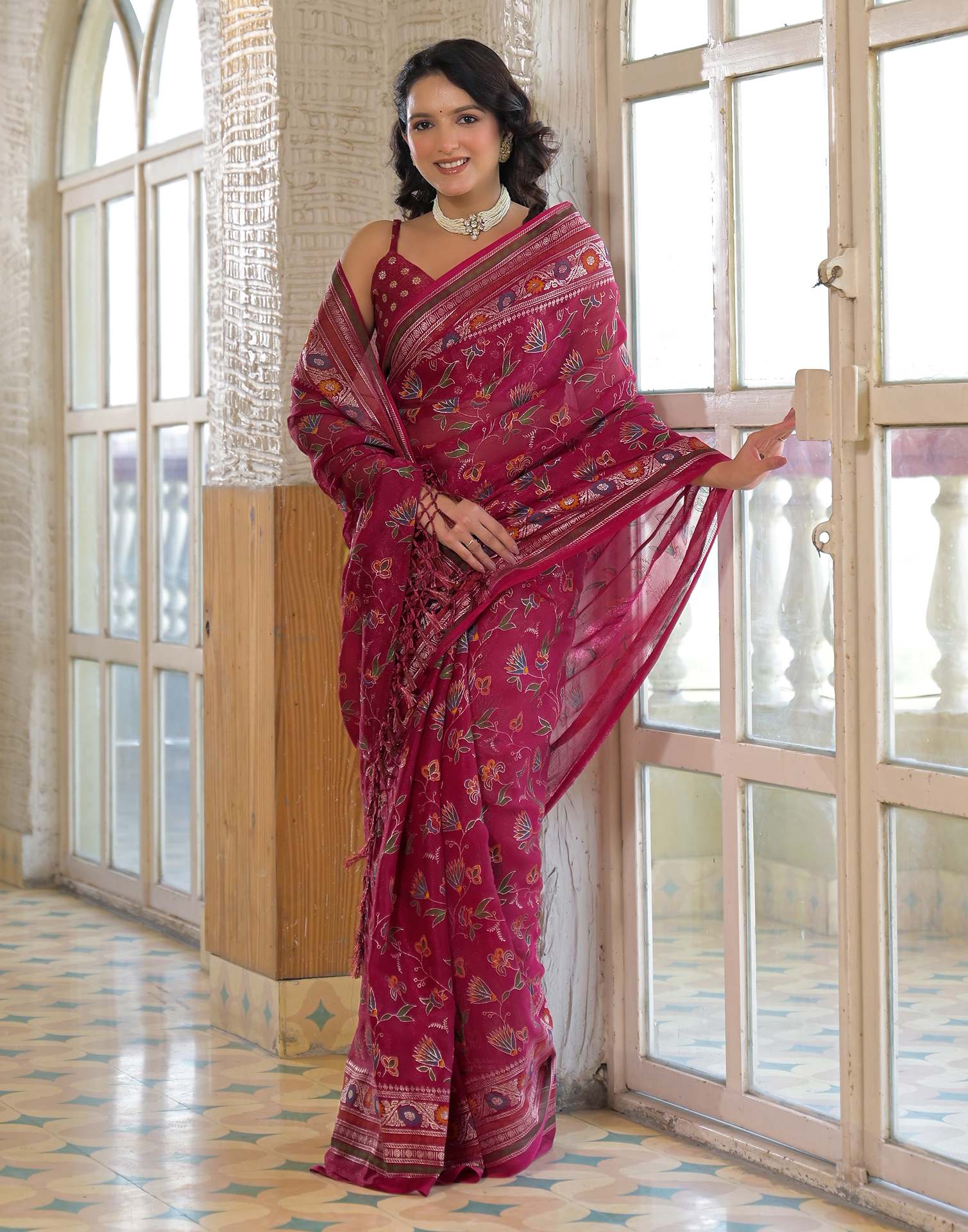 Rani Pink Shimmer Chiffon Foil Printed Saree