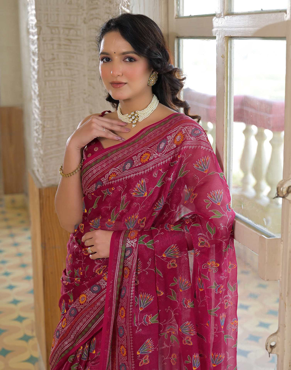 Rani Pink Shimmer Chiffon Foil Printed Saree