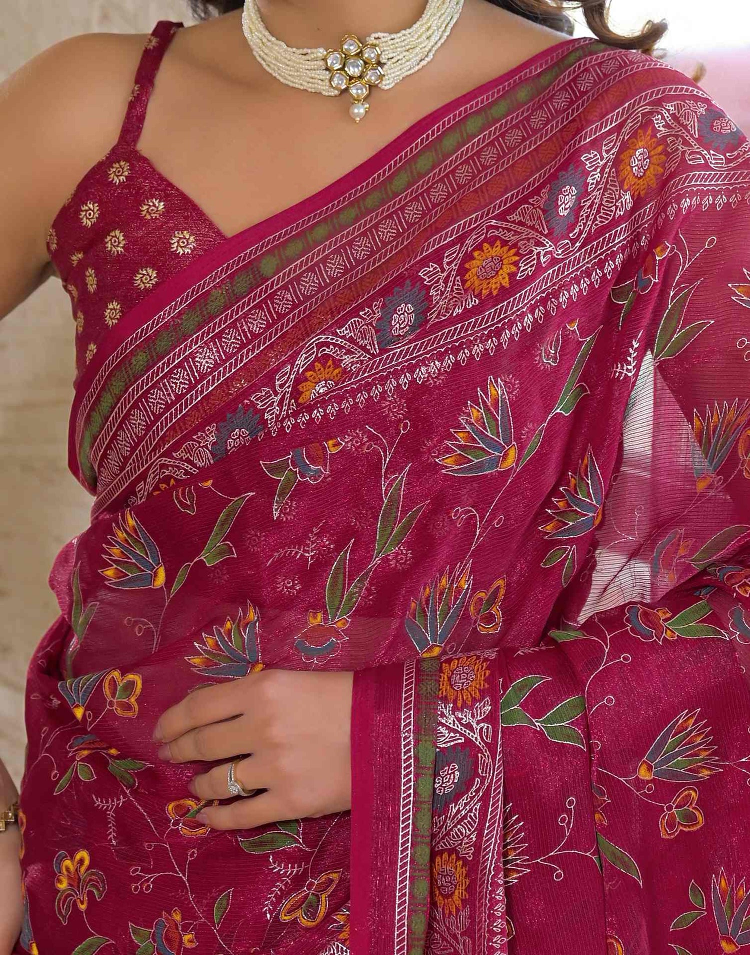 Rani Pink Shimmer Chiffon Foil Printed Saree