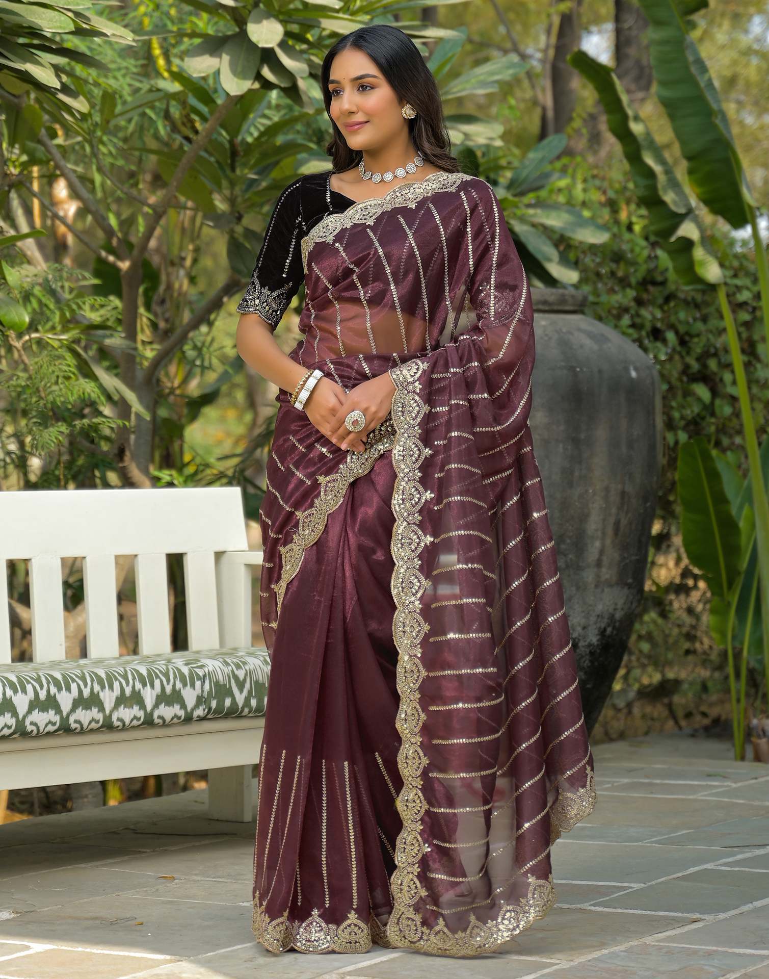 Maroon Net Sequence Embroidery Saree