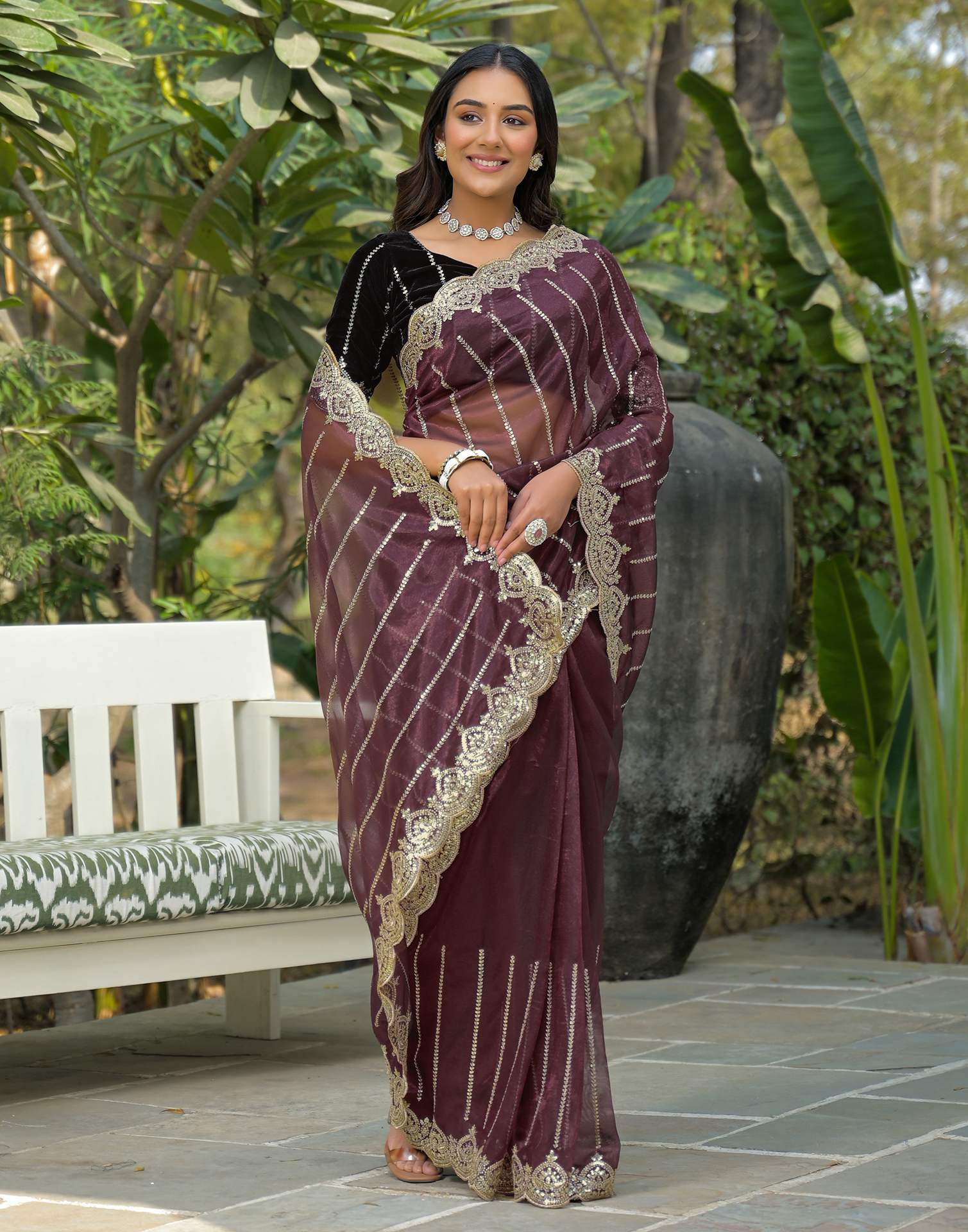 Maroon Net Sequence Embroidery Saree