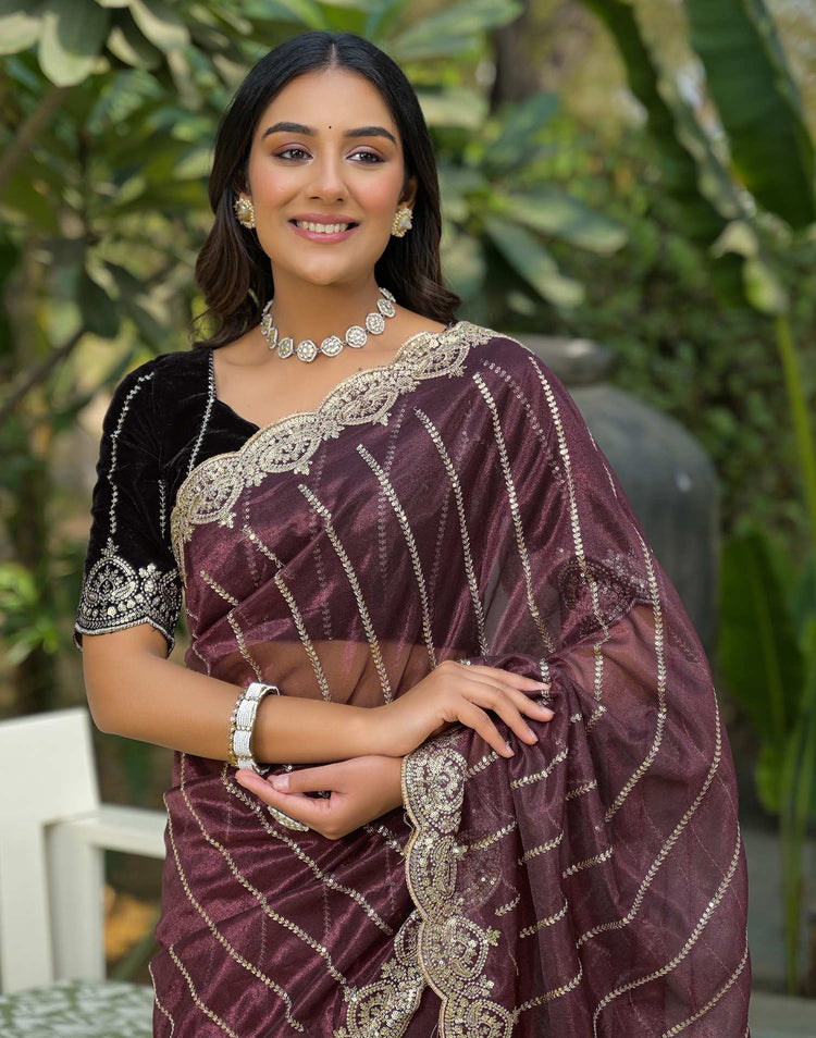Maroon Net Sequence Embroidery Saree