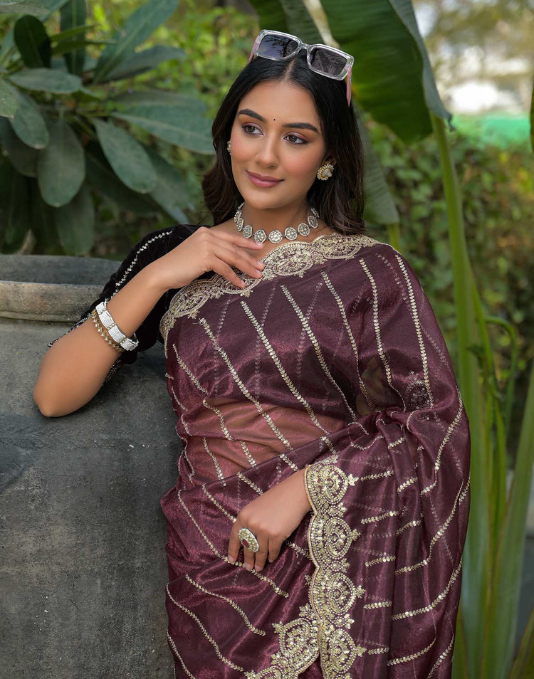 Maroon Net Sequence Embroidery Saree