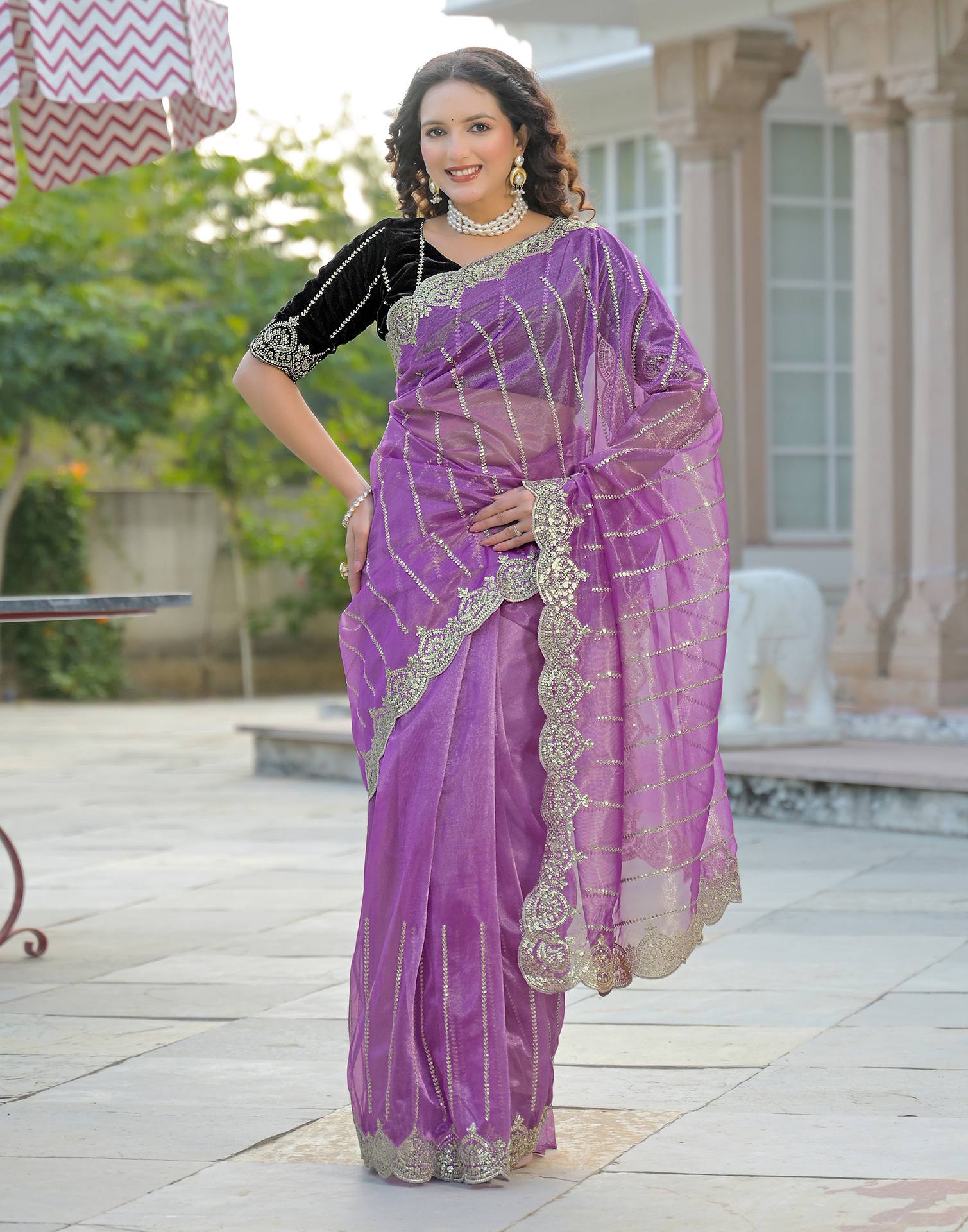 Light Purple Net Sequence Embroidery Saree