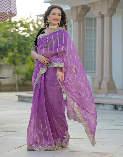 Light Purple Net Sequence Embroidery Saree