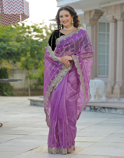 Light Purple Net Sequence Embroidery Saree