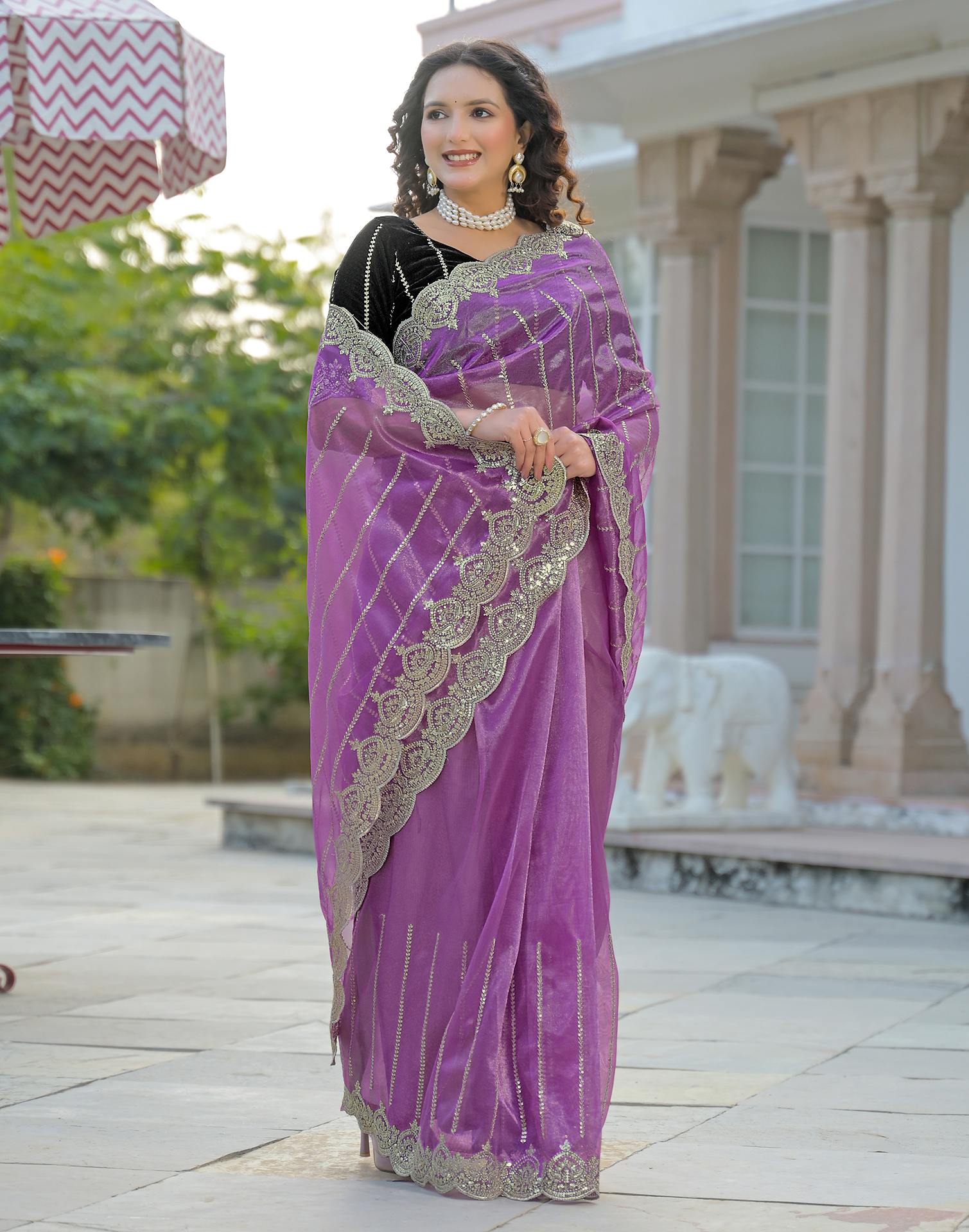 Light Purple Net Sequence Embroidery Saree