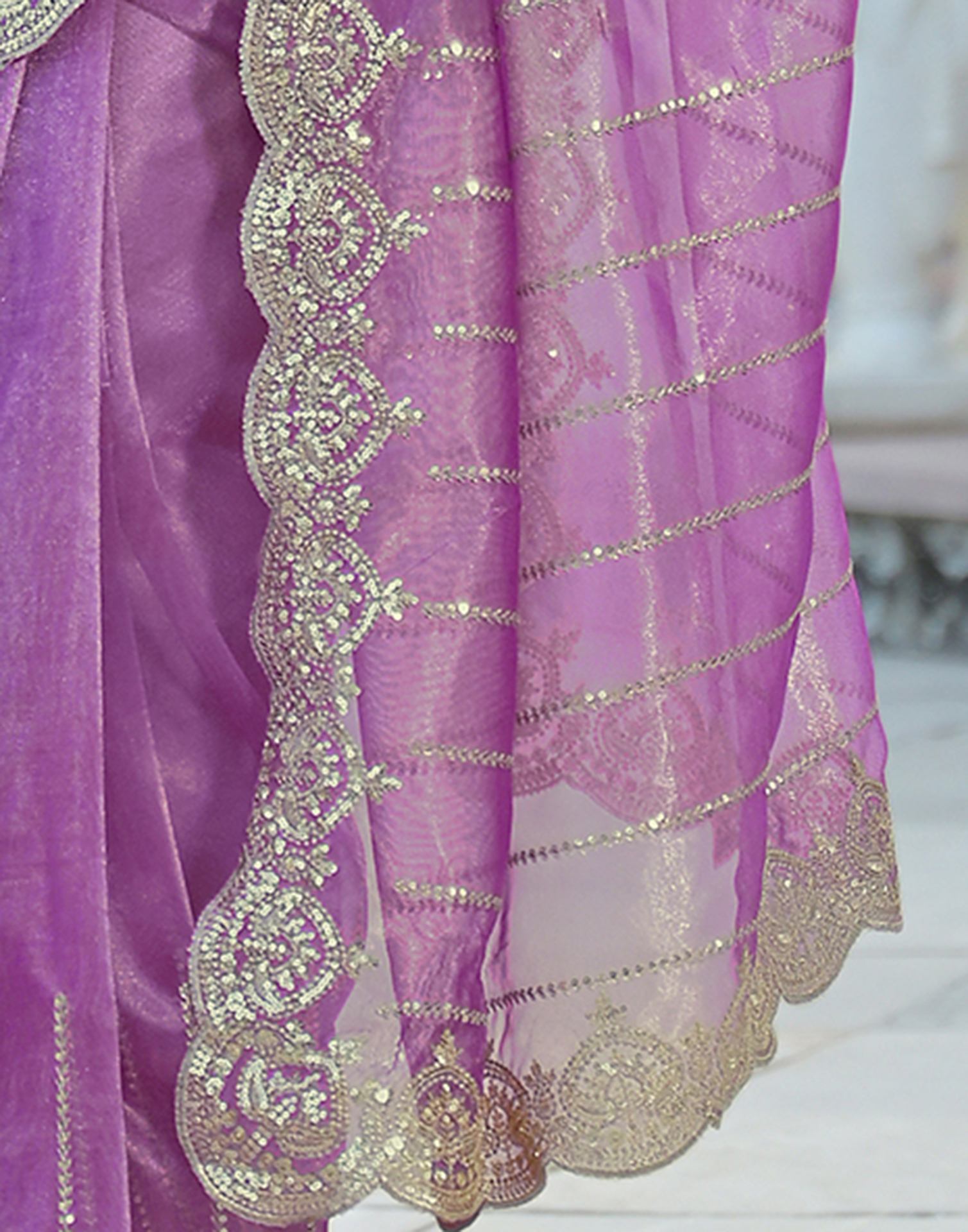 Light Purple Net Sequence Embroidery Saree