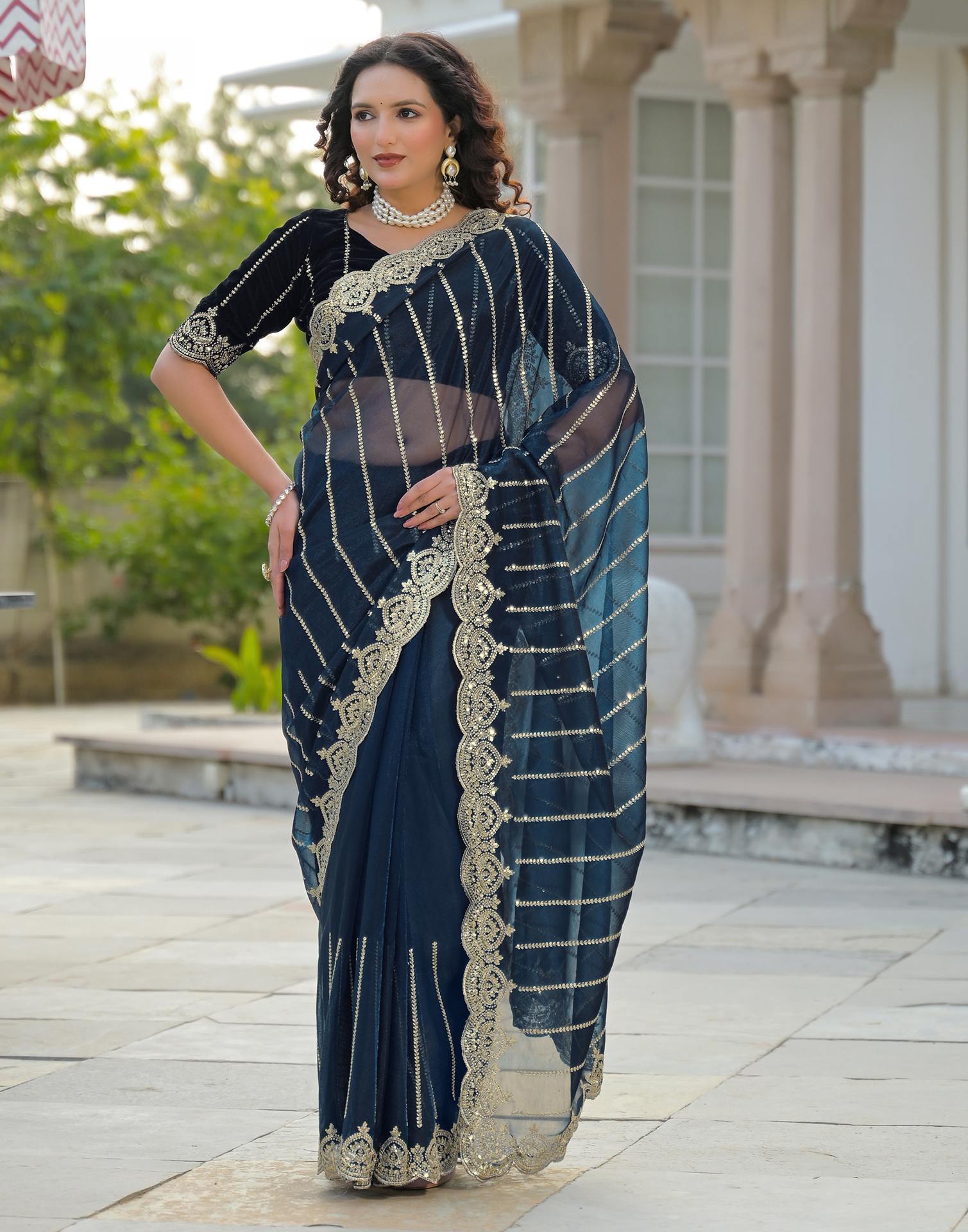 Navy Blue Net Sequence Embroidery Saree