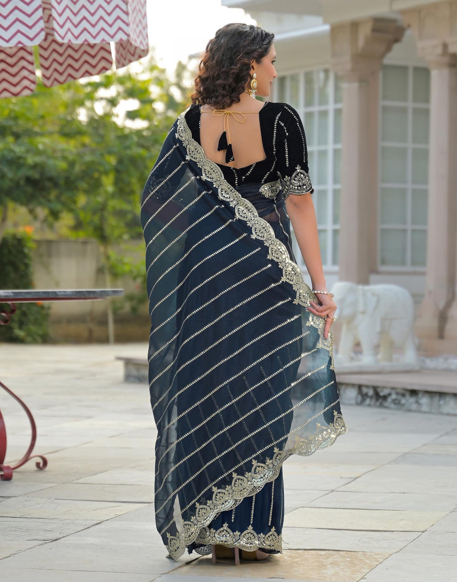 Navy Blue Net Sequence Embroidery Saree