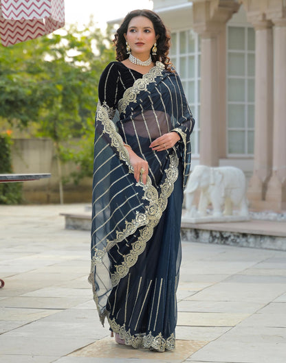 Navy Blue Net Sequence Embroidery Saree