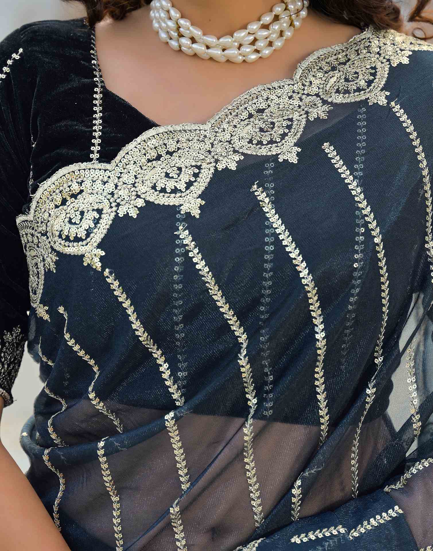 Navy Blue Net Sequence Embroidery Saree