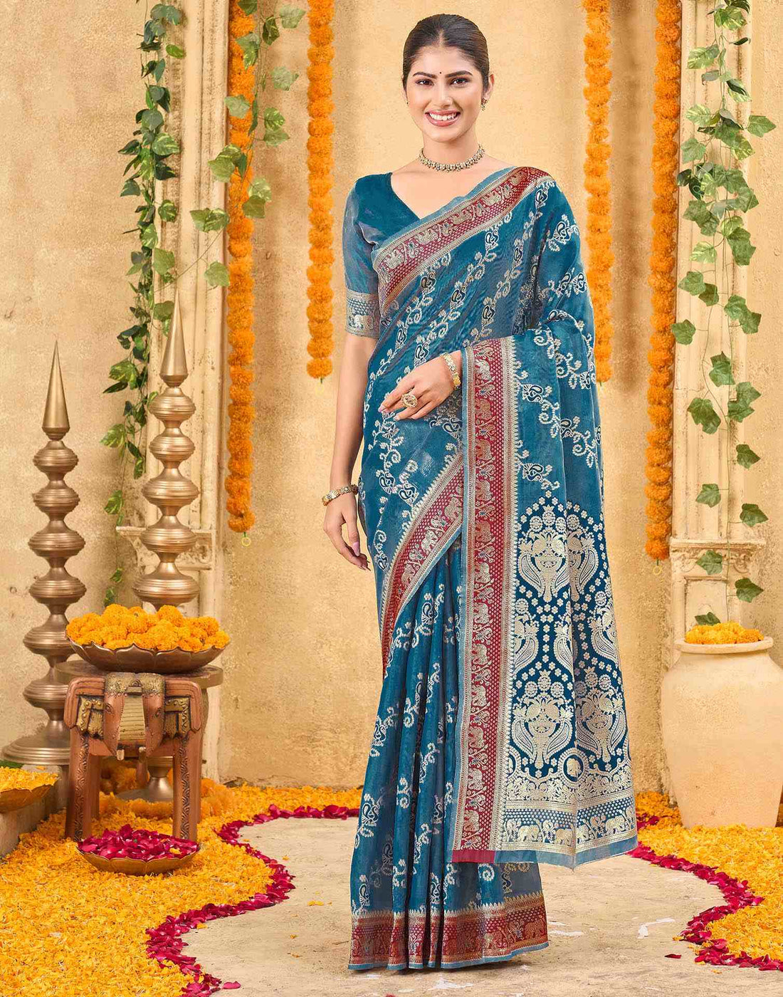 Teal Blue Silk Woven Banarasi Saree