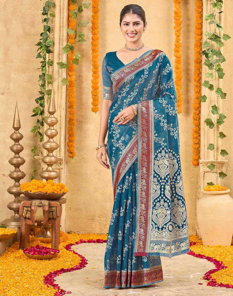 Teal Blue Silk Woven Banarasi Saree