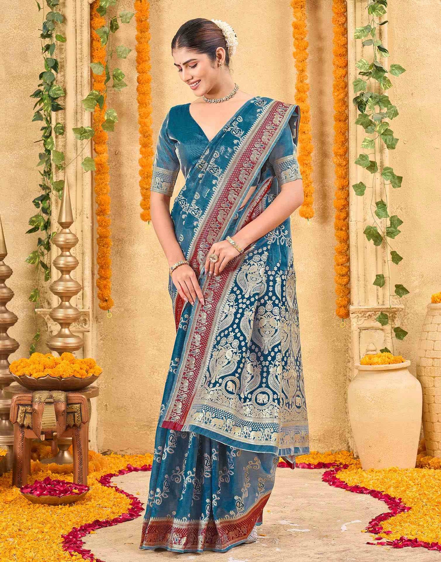 Teal Blue Silk Woven Banarasi Saree