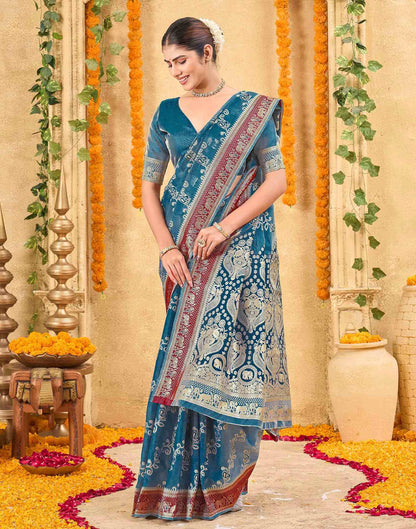 Teal Blue Silk Woven Banarasi Saree