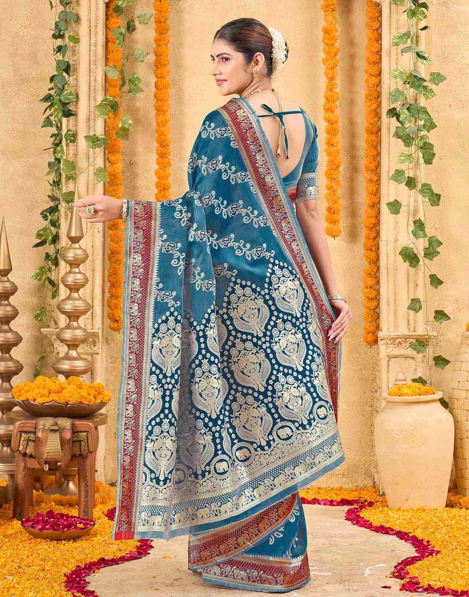 Teal Blue Silk Woven Banarasi Saree