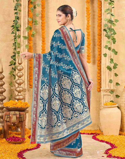 Teal Blue Silk Woven Banarasi Saree