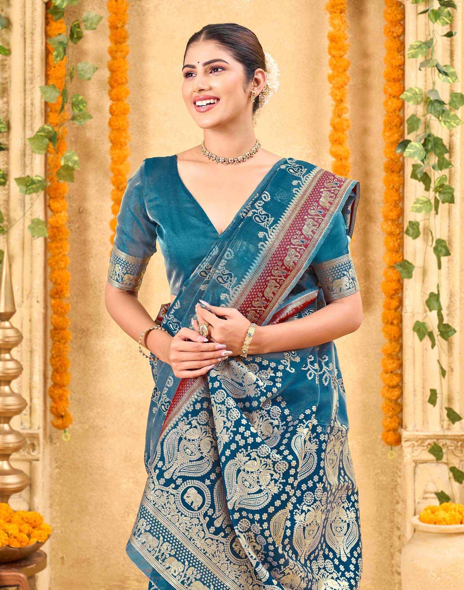 Teal Blue Silk Woven Banarasi Saree