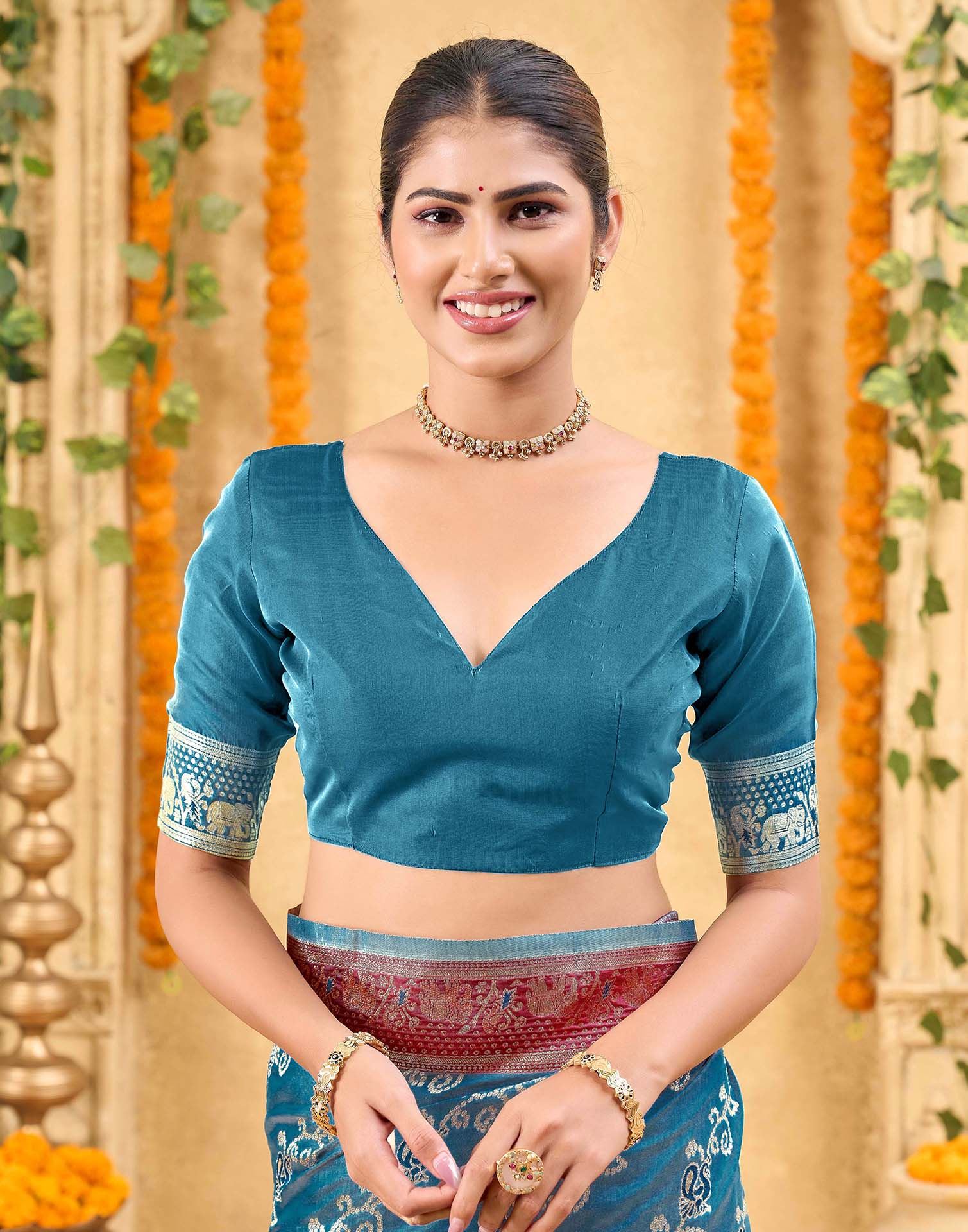 Teal Blue Silk Woven Banarasi Saree