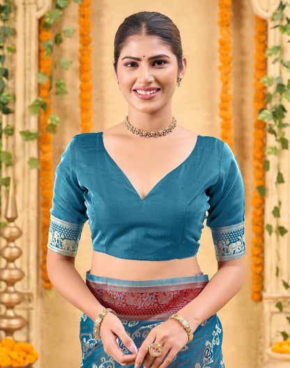 Teal Blue Silk Woven Banarasi Saree