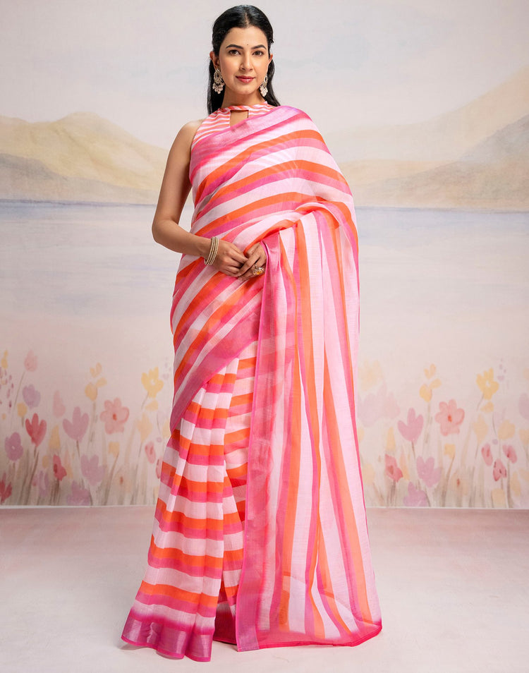 Ready To Wear White Linen Printed Saree