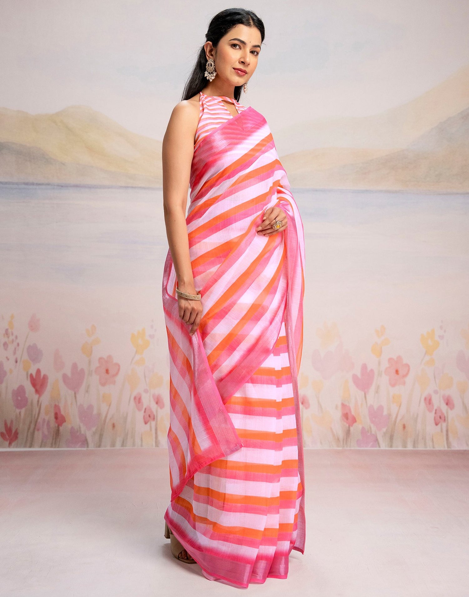Ready To Wear White Linen Printed Saree