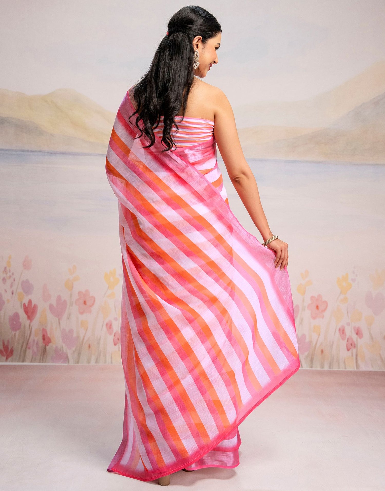 Ready To Wear White Linen Printed Saree