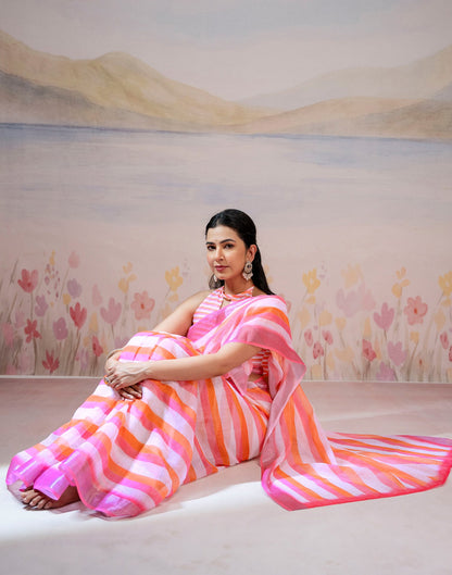 Ready To Wear White Linen Printed Saree