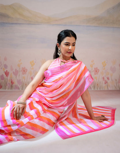 Ready To Wear White Linen Printed Saree