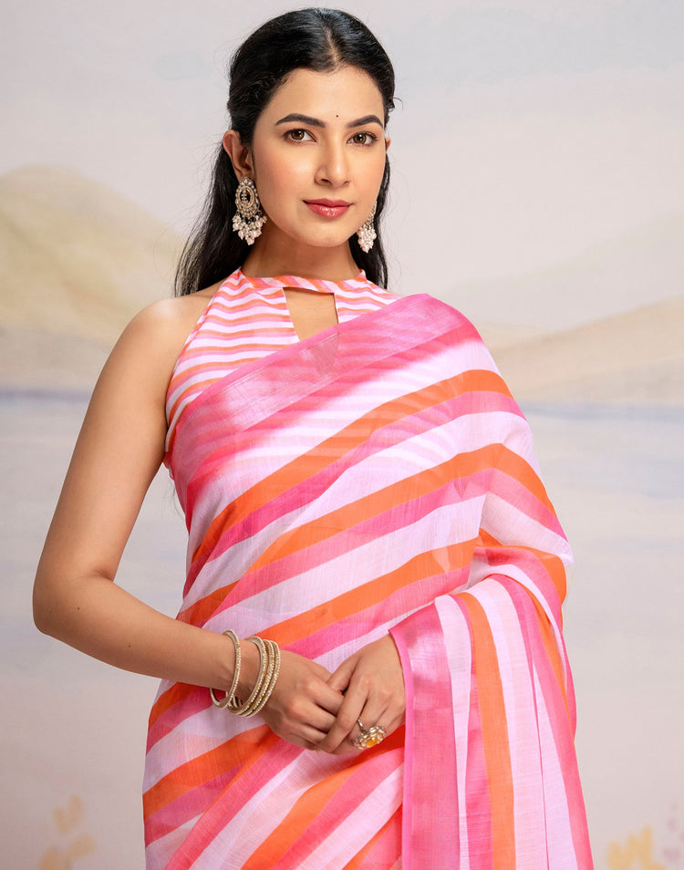 Ready To Wear White Linen Printed Saree