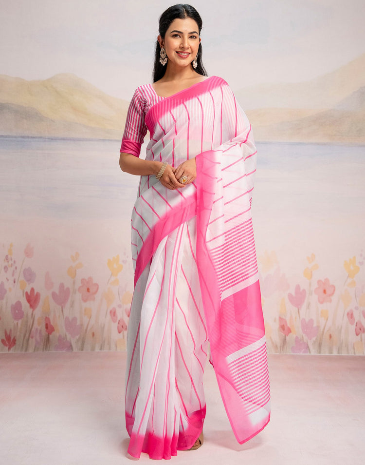 Ready To Wear White Linen Printed Saree