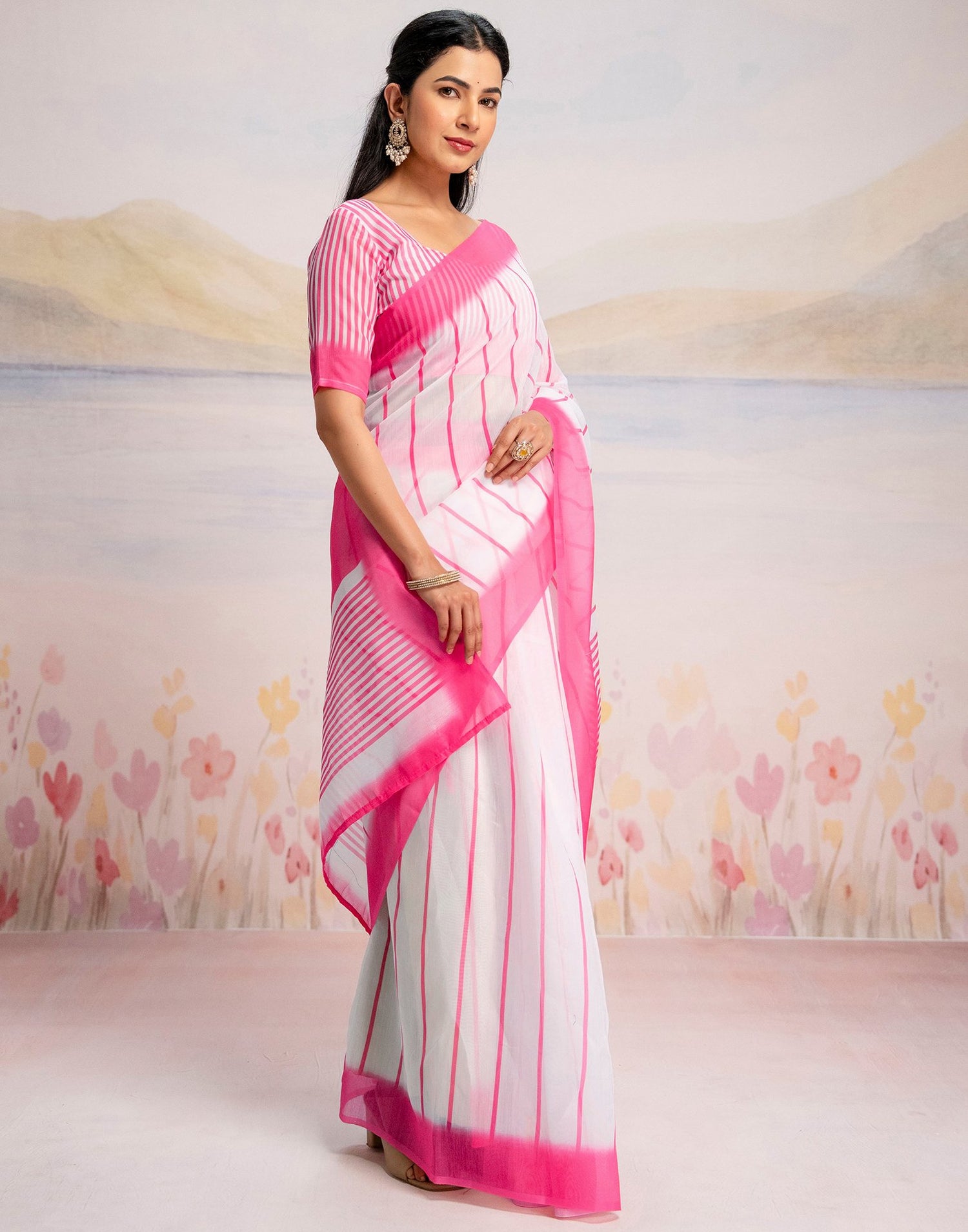 Ready To Wear White Linen Printed Saree