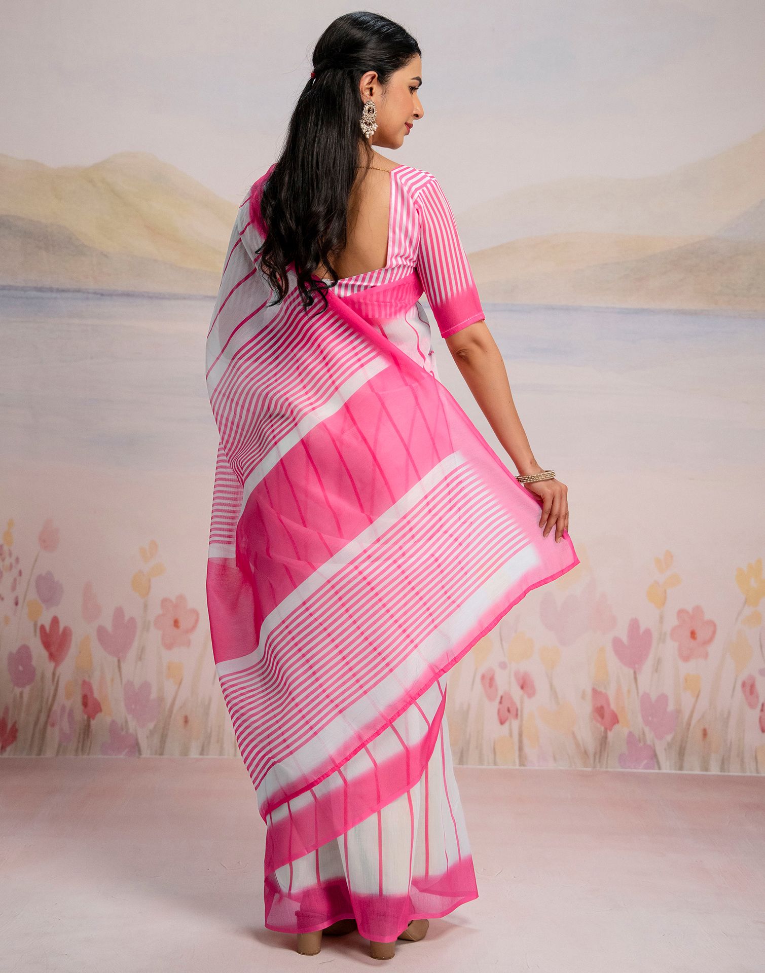 Ready To Wear White Linen Printed Saree