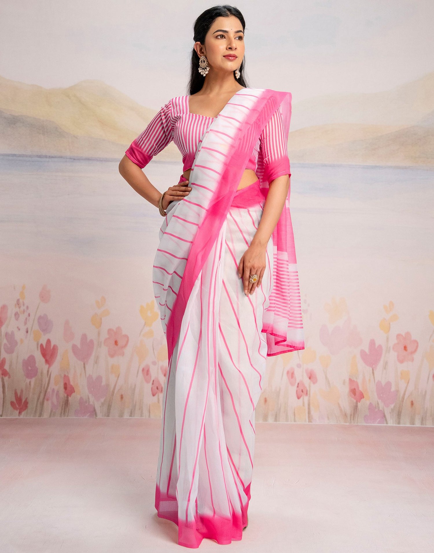 Ready To Wear White Linen Printed Saree