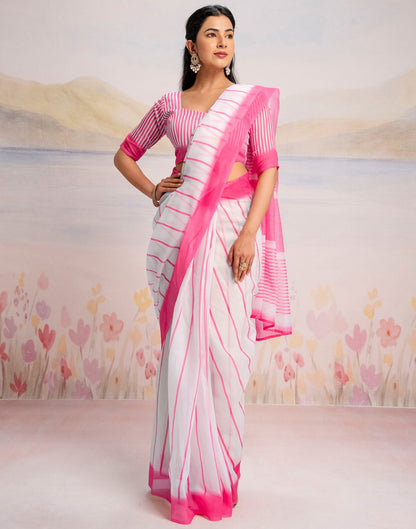 Ready To Wear White Linen Printed Saree