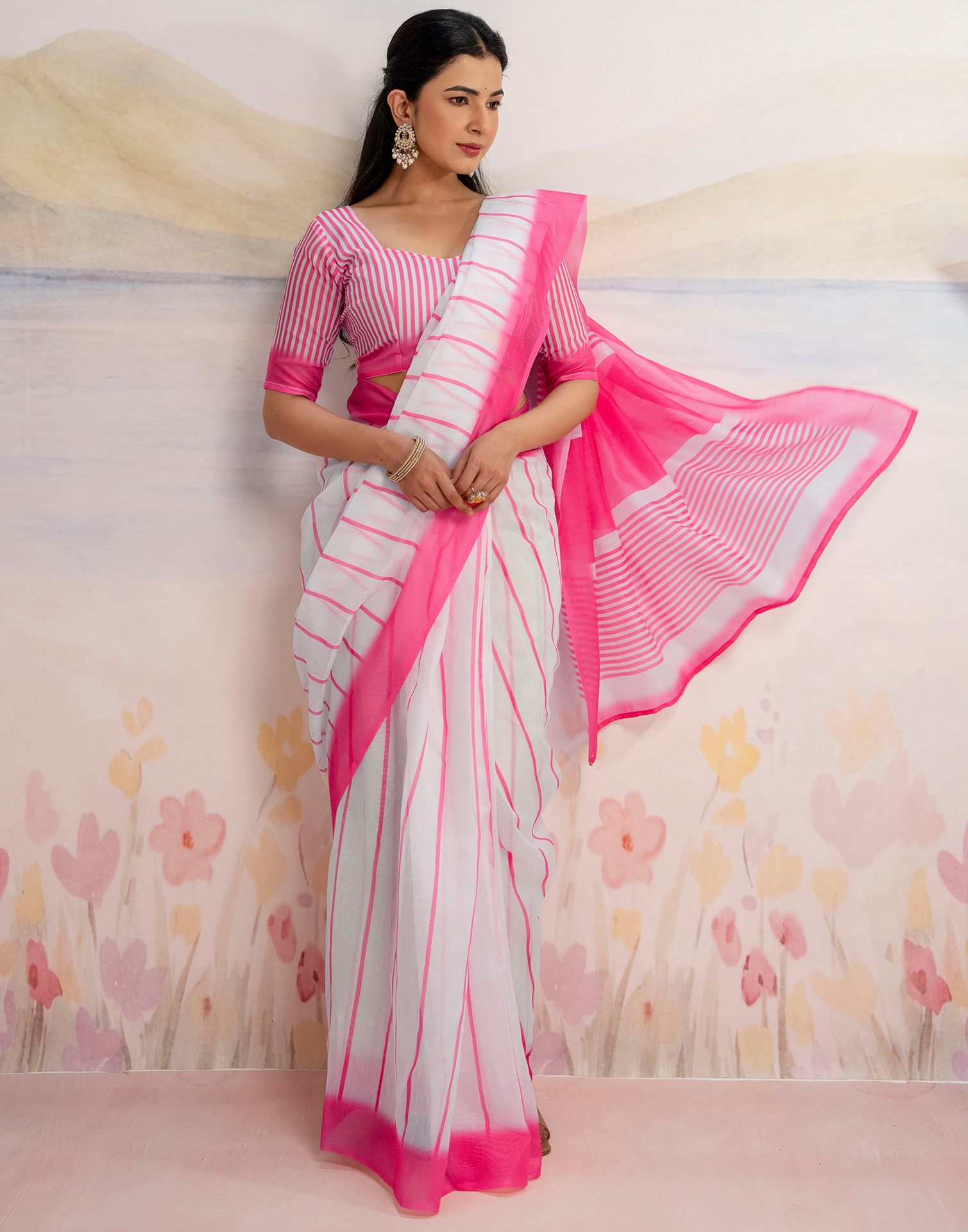 Ready To Wear White Linen Printed Saree