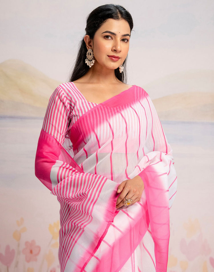 Ready To Wear White Linen Printed Saree