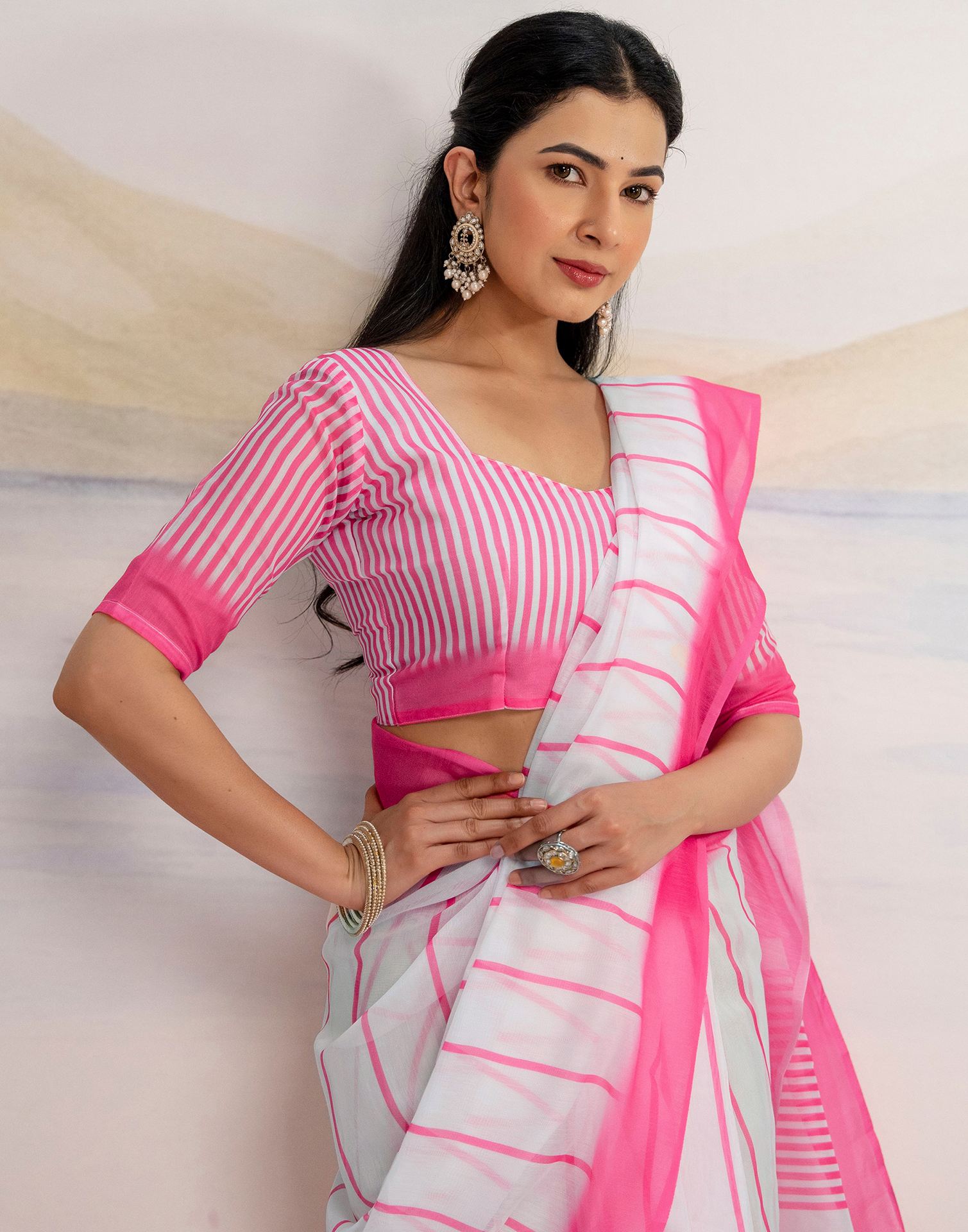 Ready To Wear White Linen Printed Saree