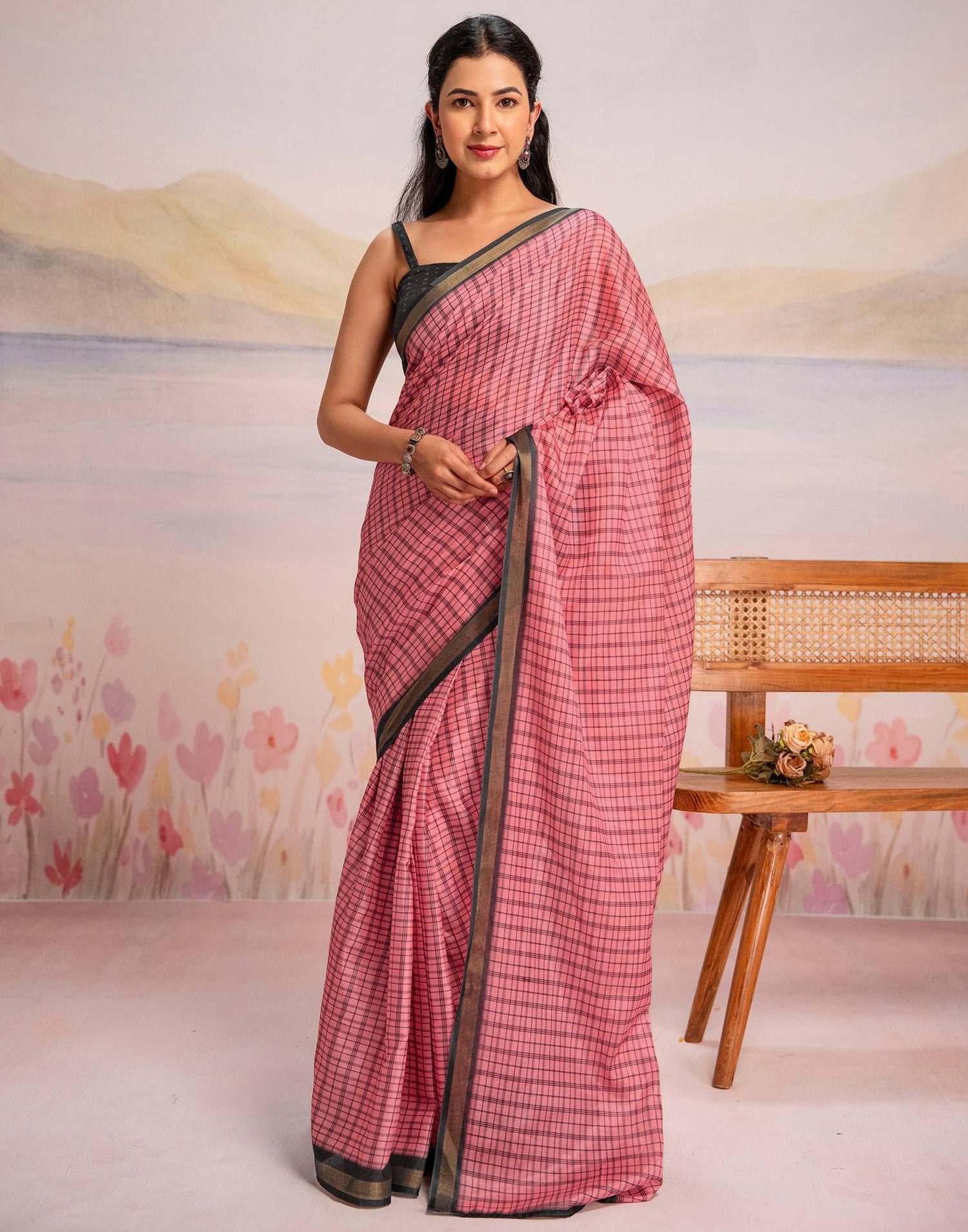 Ready To Wear Rose Pink Linen Printed Saree