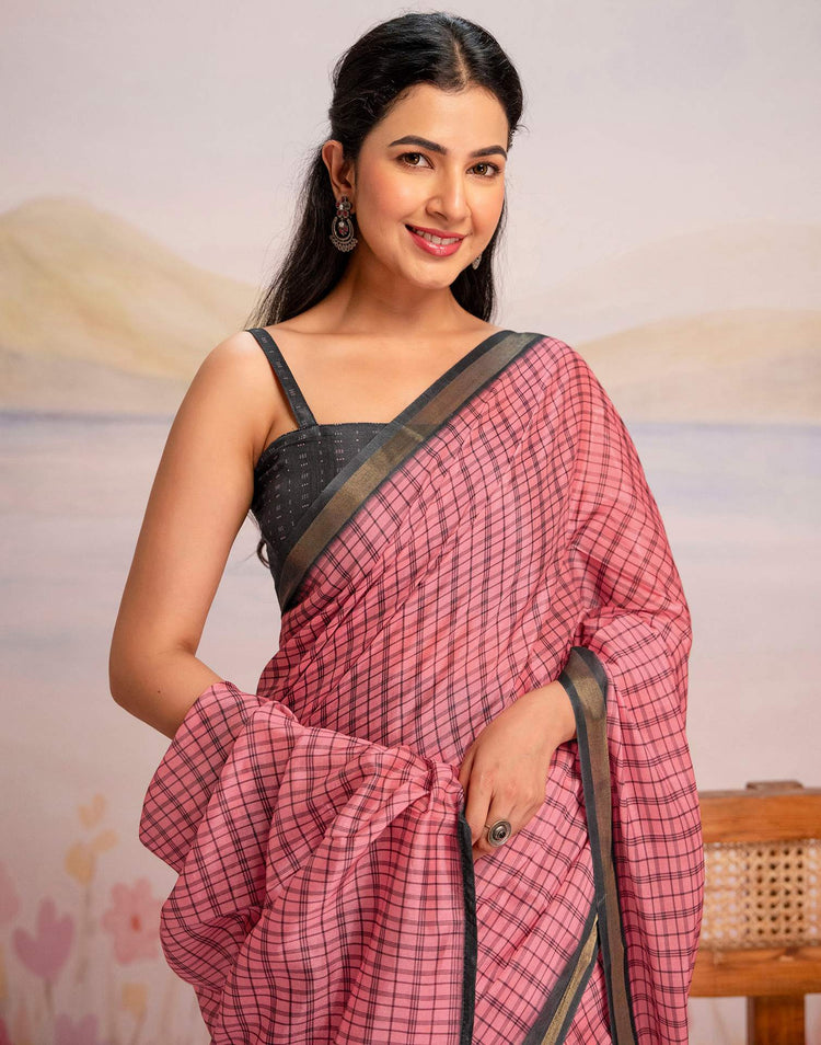 Ready To Wear Rose Pink Linen Printed Saree