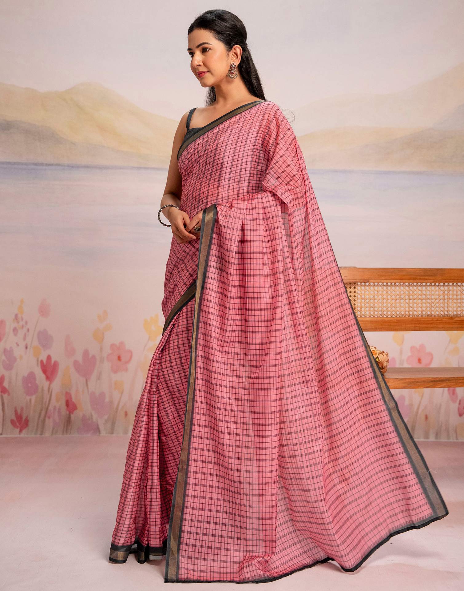 Ready To Wear Rose Pink Linen Printed Saree