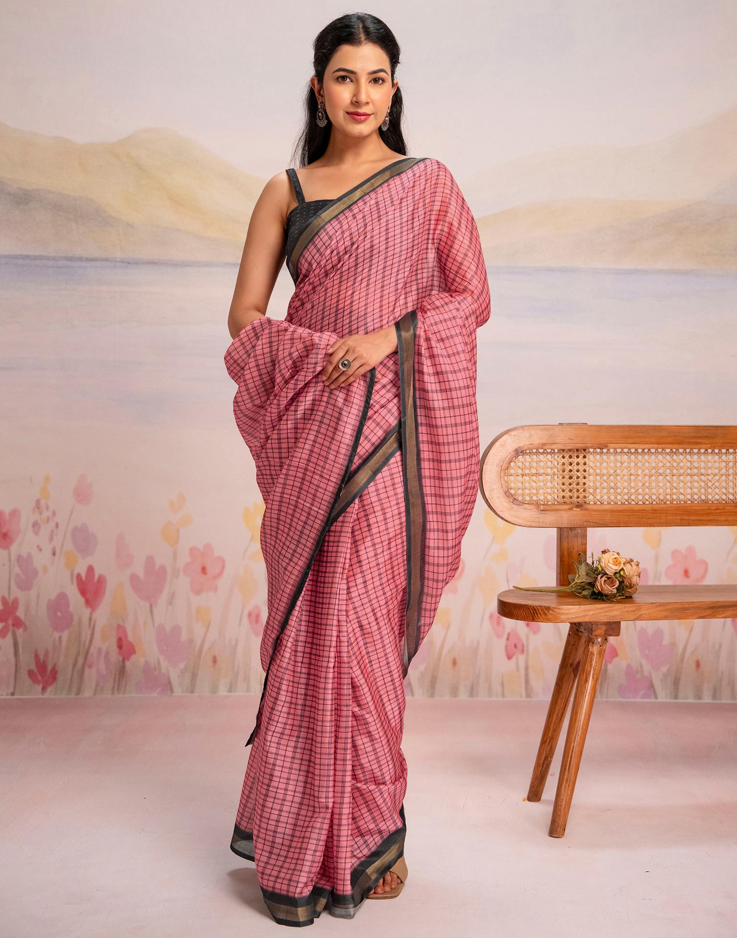 Ready To Wear Rose Pink Linen Printed Saree