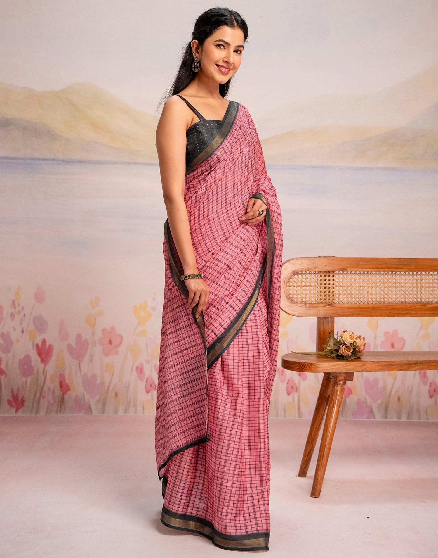 Ready To Wear Rose Pink Linen Printed Saree