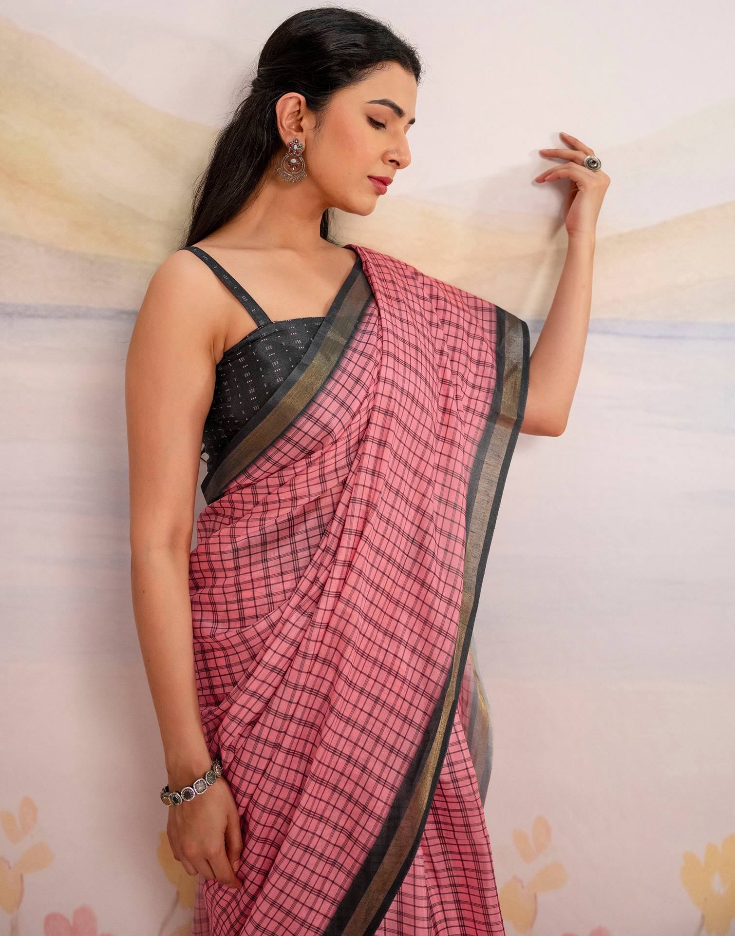 Ready To Wear Rose Pink Linen Printed Saree