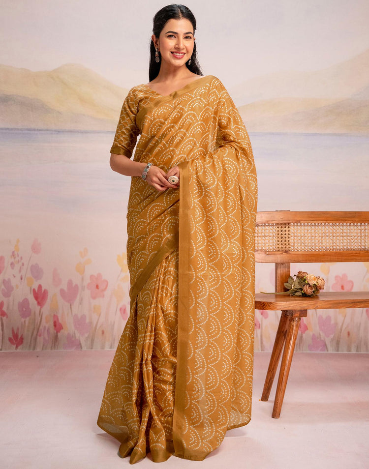 Ready To Wear Light Mustard Linen Printed Saree