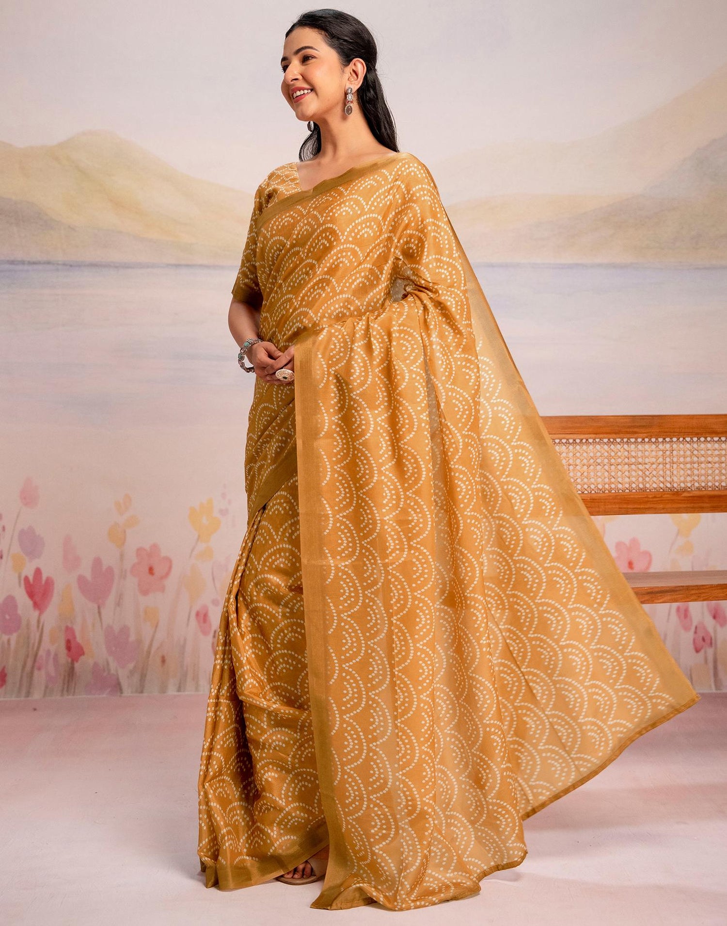 Ready To Wear Light Mustard Linen Printed Saree