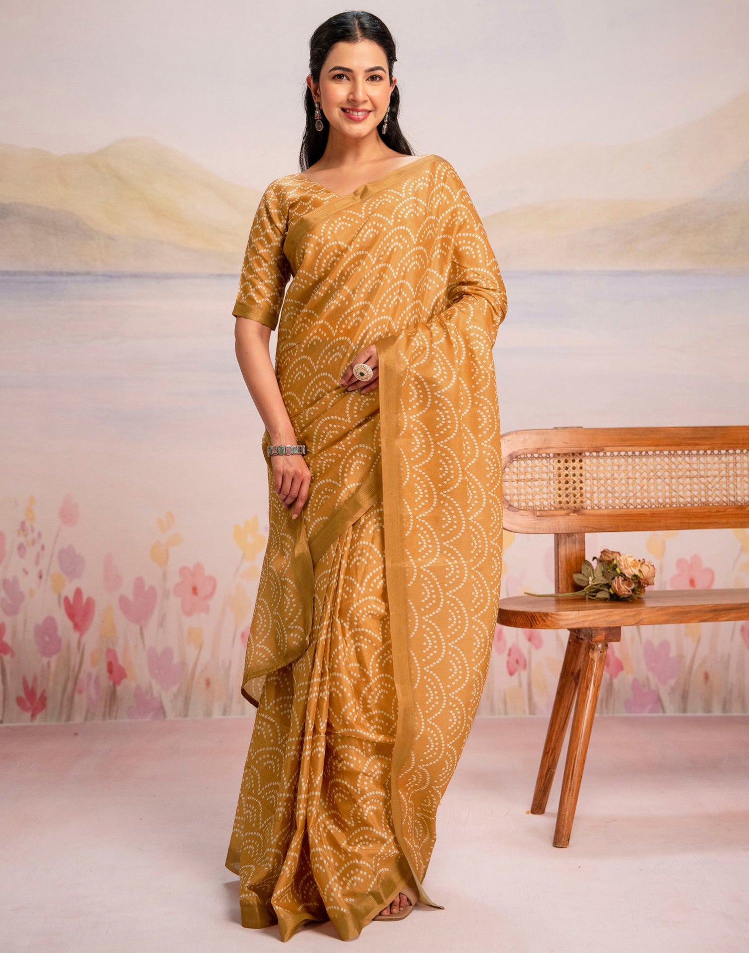 Ready To Wear Light Mustard Linen Printed Saree