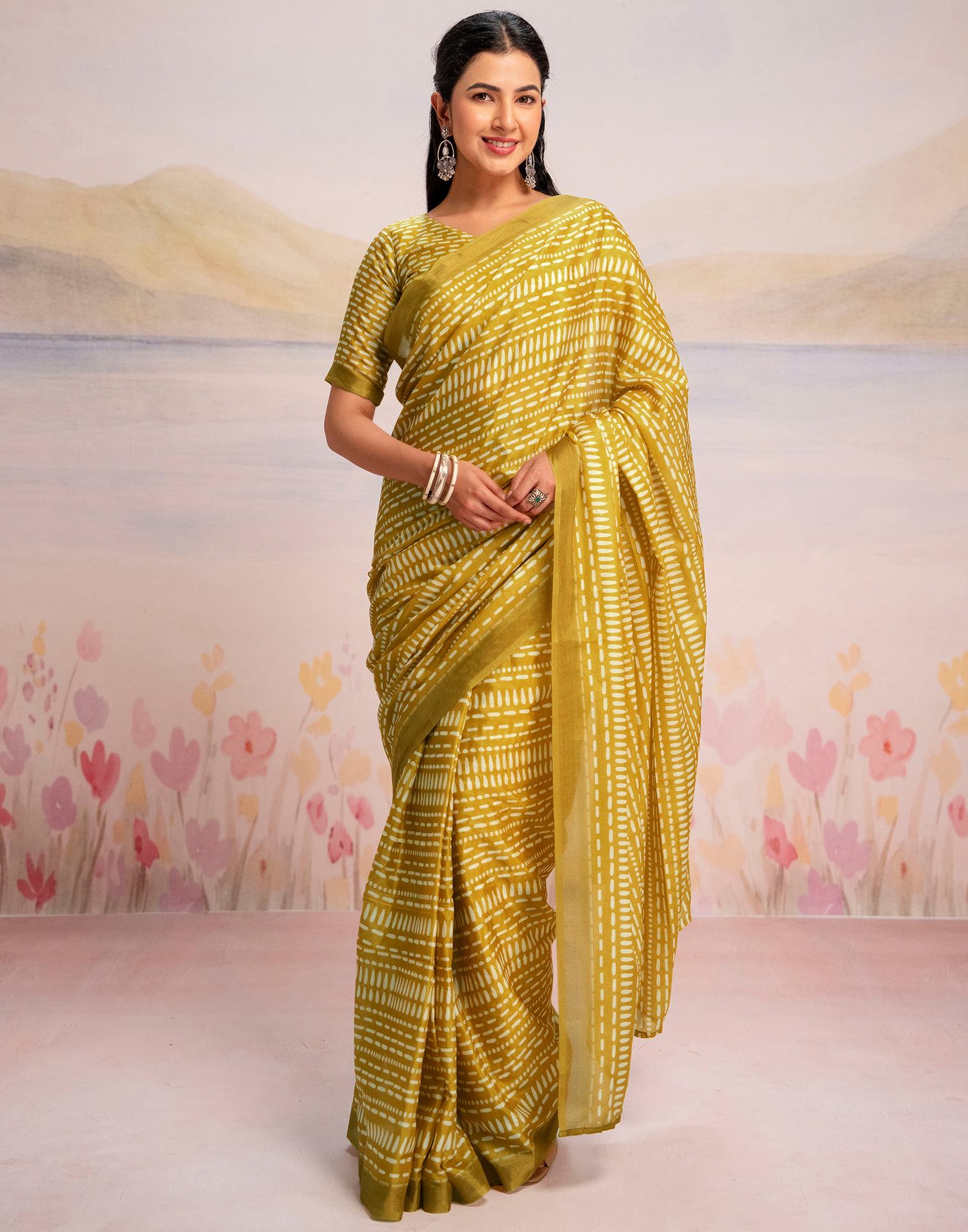 Ready To Wear Lime Yellow Linen Printed Saree