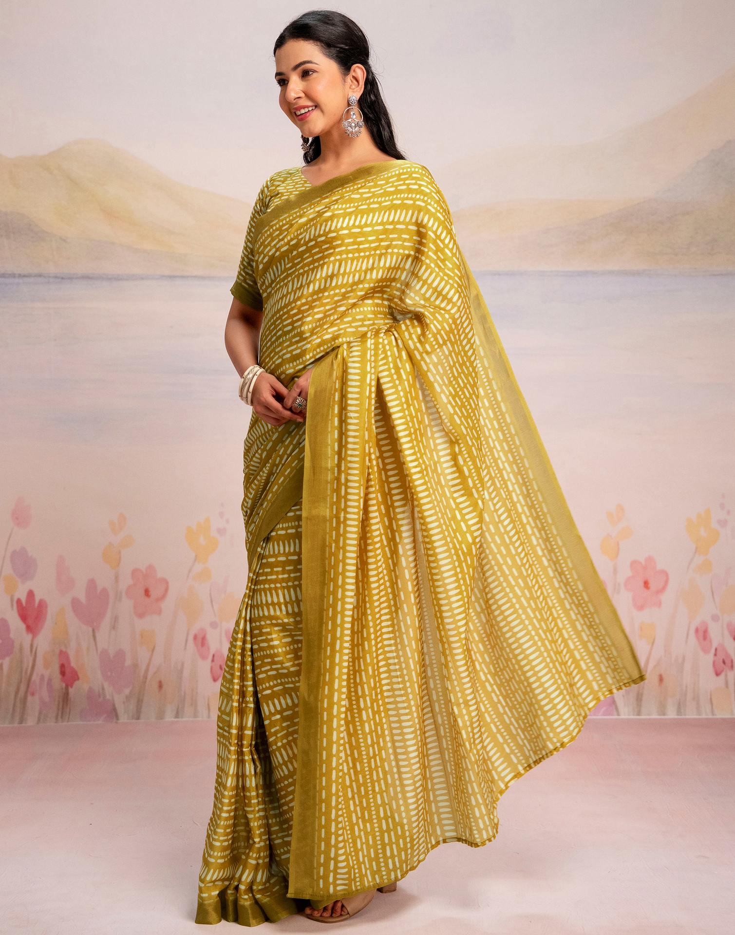 Ready To Wear Lime Yellow Linen Printed Saree
